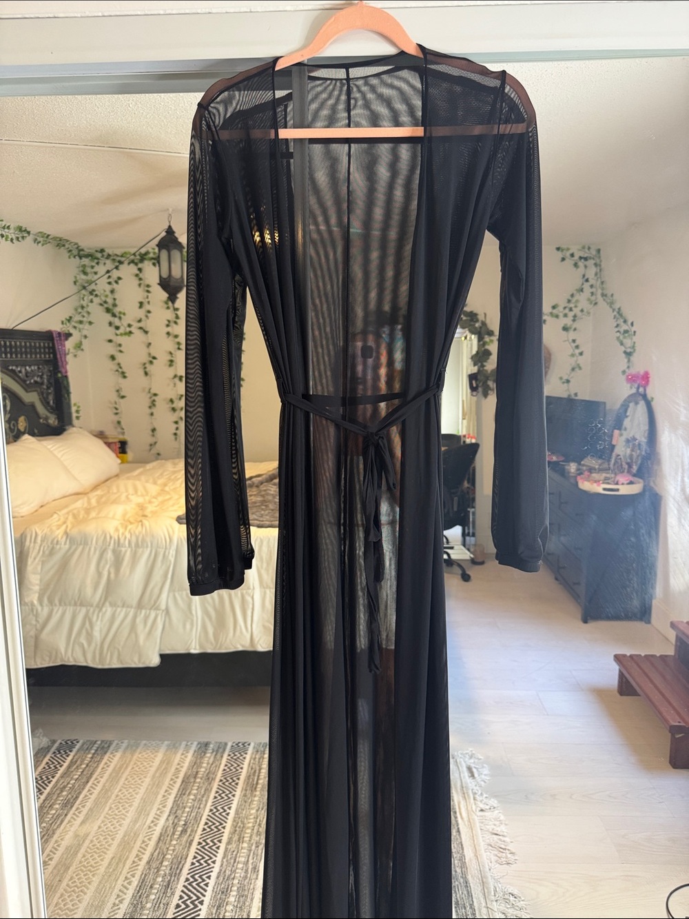 Sheer Black Long Robe with Self Tie - Women Intimates & Sleepwear